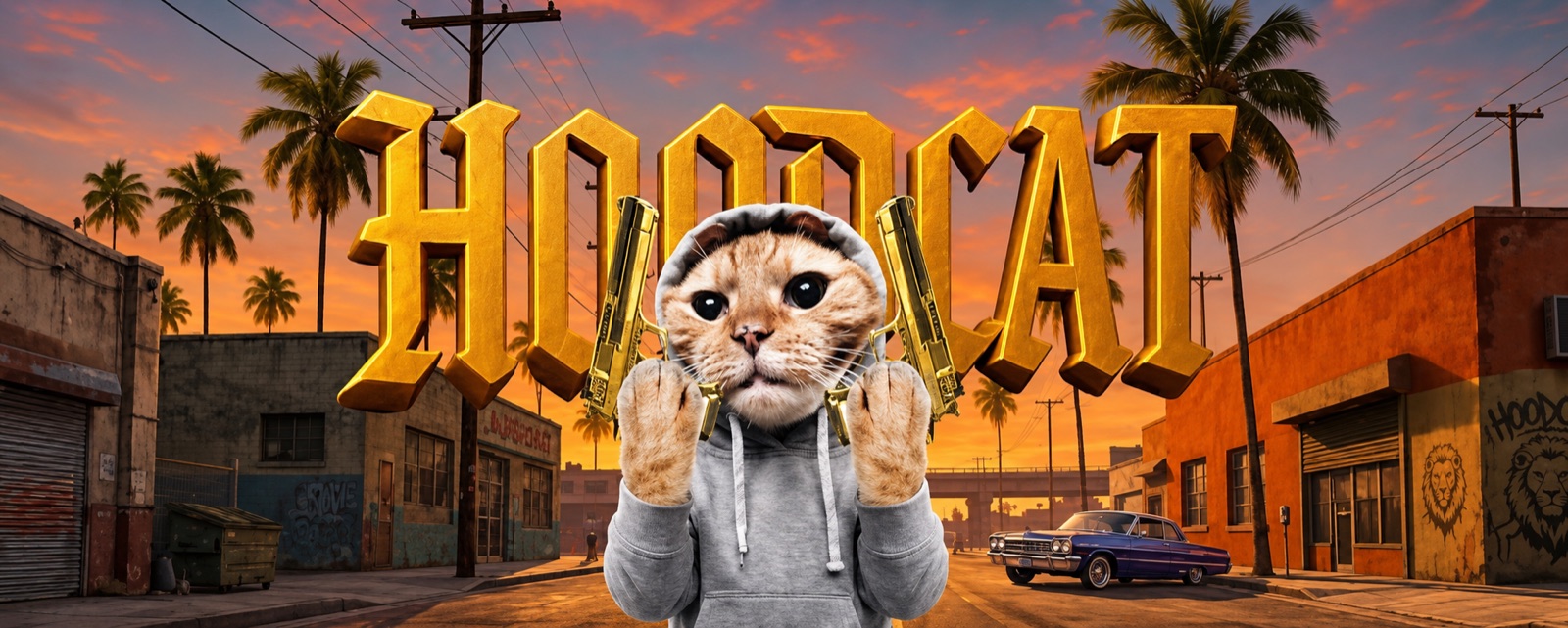 HoodCat in a grey hoodie with two gold pistols on a palm-lined street at sunset, under giant gold HOODCAT lettering