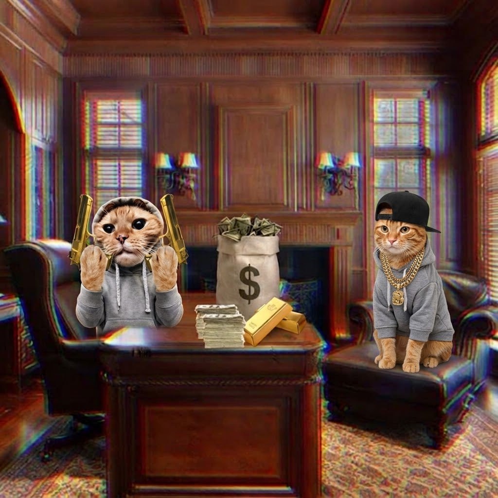 Two cats in a wood-panelled office with cash, gold bars and a money bag